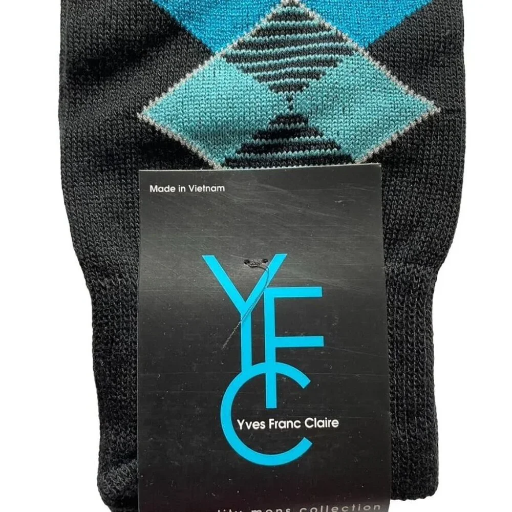Yves Franc Claire Mens Argyle Crew Socks Size 10-13 Black Blue Teal Patternu - Picture 3 of 4